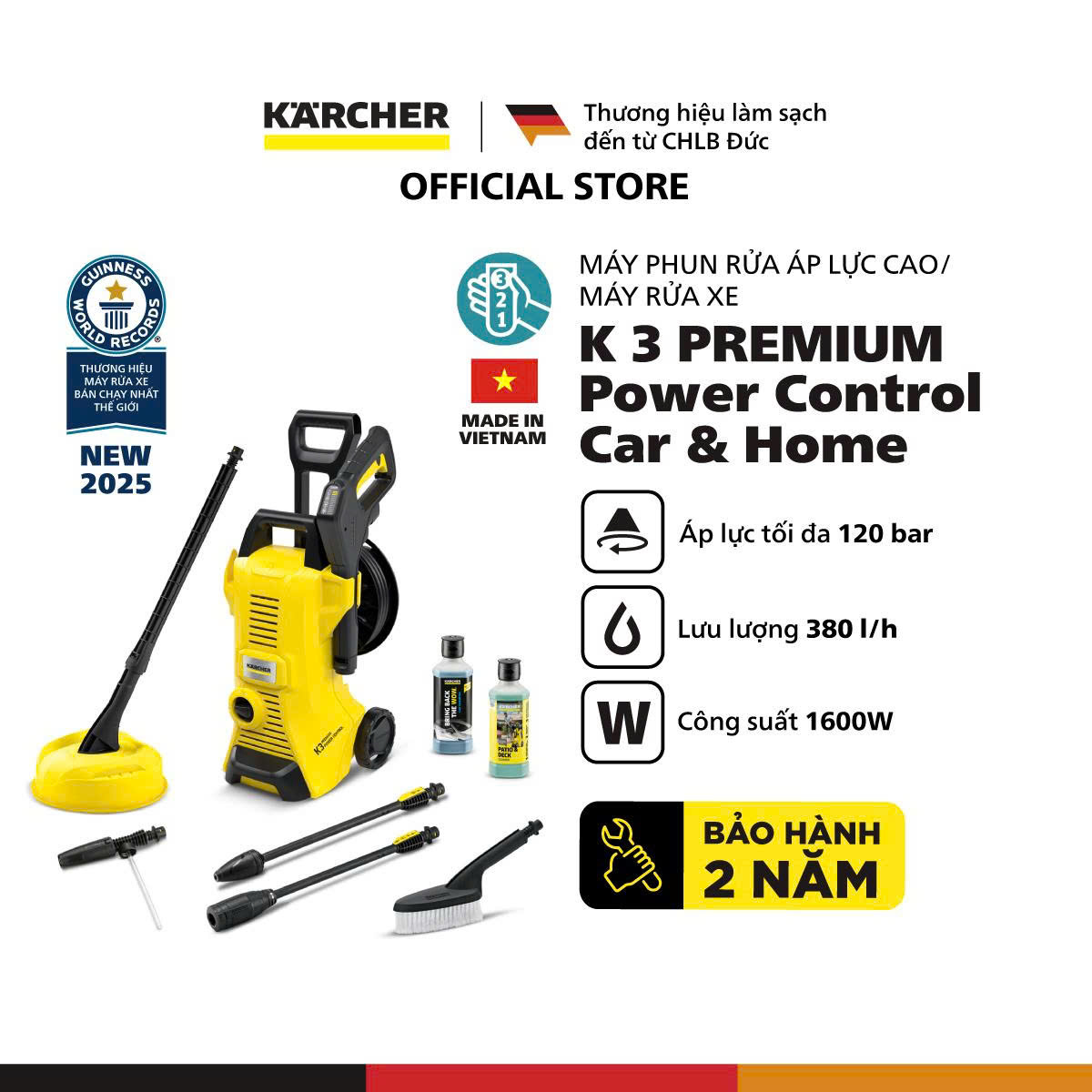 [Mới 2025] Máy phun rửa áp lực cao Karcher K 3 Premium Power Control - Công suất 1600W - Bảo hành 24 tháng - Hàng Chính Hãng