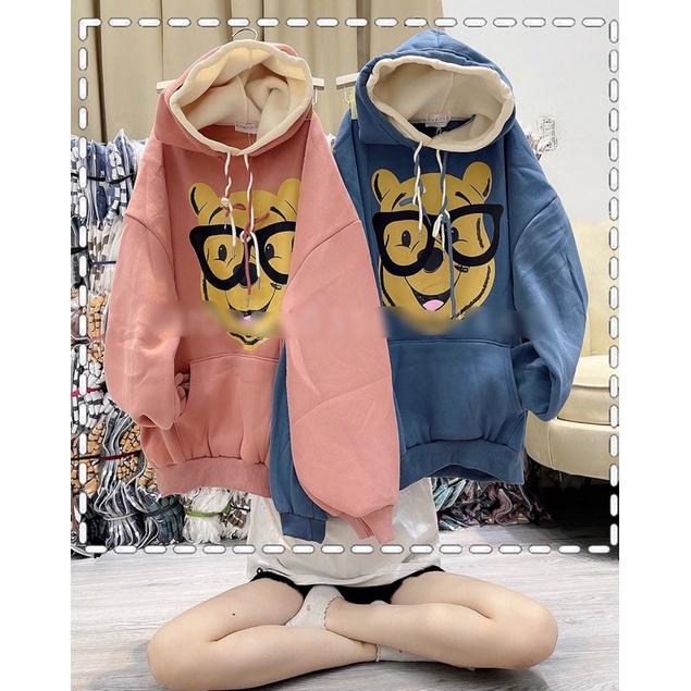 ÁO HOODIE NỈ HAI MŨ FORM RỘNG TAY BỒNG - GẤU ĐEO KINH