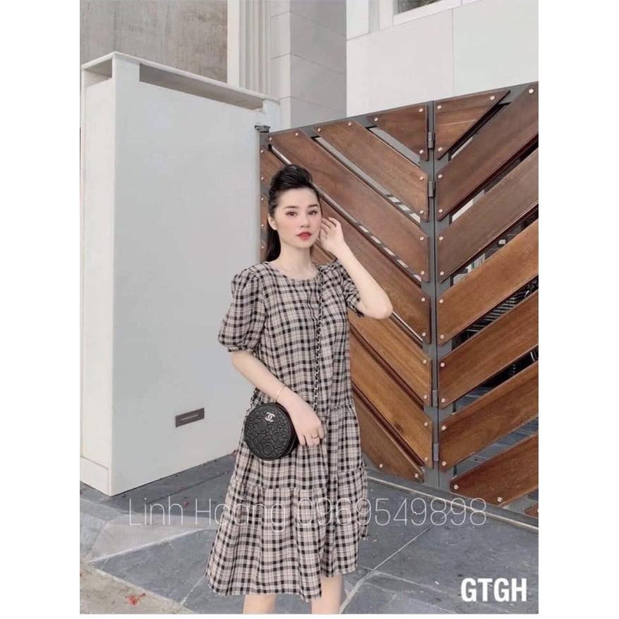 Váy bầu thời trang thiết kế kẻ caro  chất Cotton thô freesize từ 45 đến 70kg