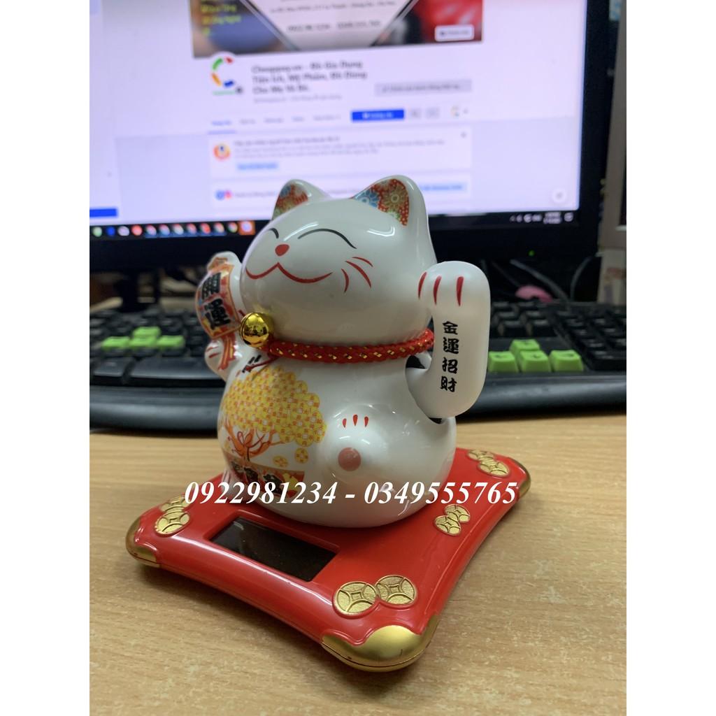 Mèo thần tài vẫy tay năng lượng mặt trời bằng sứ MT2 - size 13,9cm