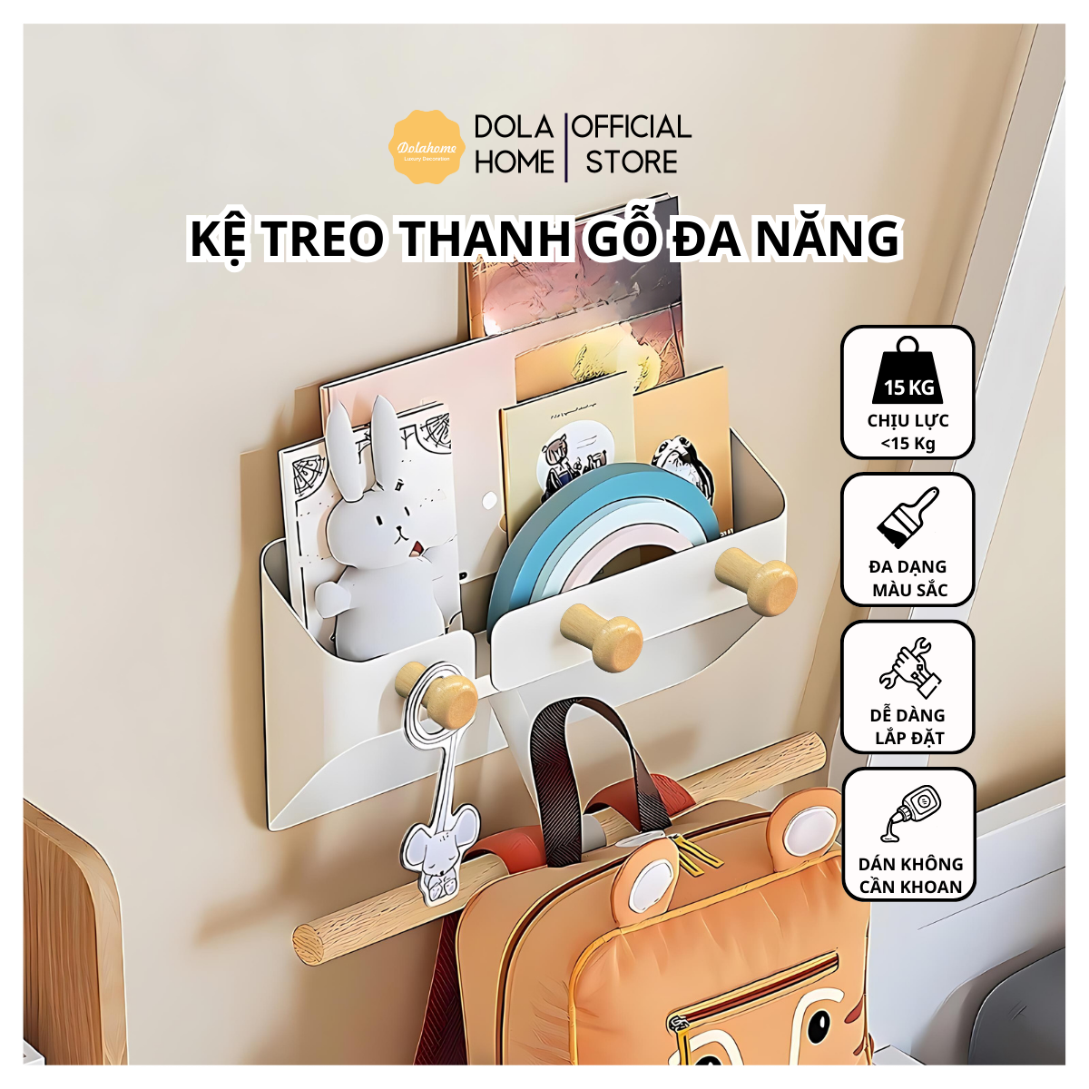 Kệ Treo Tường Thanh Gỗ Dola Home Móc Cặp Sách, Móc Treo Quần áo, Túi Xách, Balo,... Không Khoan Cho Cửa. Kệ Móc Cặp