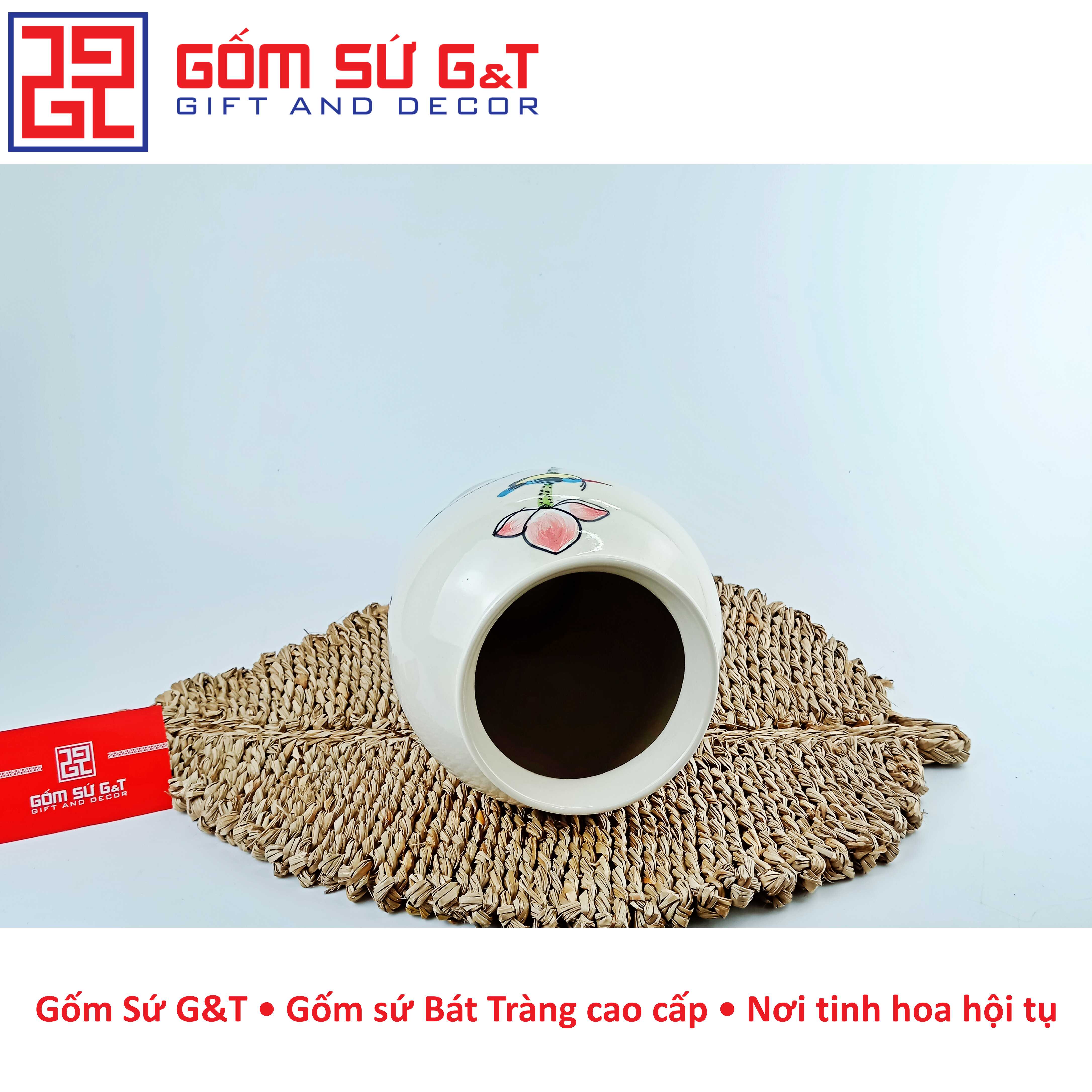 Lọ hoa dáng đùi dế vẽ sen hồng Gốm Sứ G&amp;T