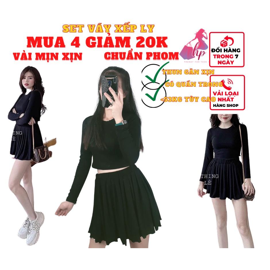 Set đồ nữ cá tính áo croptop ôm body tay dài kèm váy ngắn xếp ly lưng thun kiểu hàn quốc dự tiệc thời trang 2021