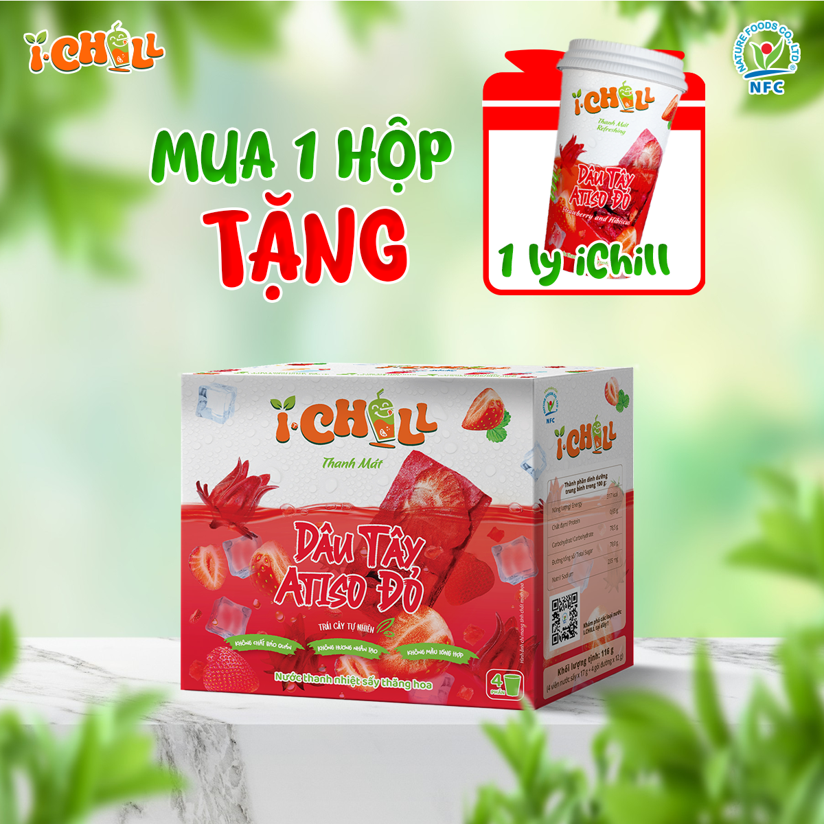 iChill Dâu Tây Atiso Đỏ Nước Thanh Nhiệt Sấy Thăng Hoa Từ Trái Cây Tự Nhiên 4 Gói X Hộp, Không Chất Bảo Quản, ISO 22000, HACCP, BRC