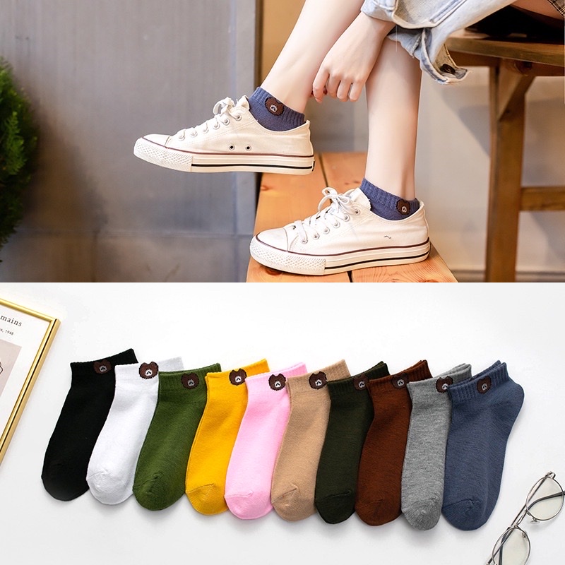 Set 10 đôi tất gấu nữ ,cổ ngắn nhiều màu dễ thương vải cotton , khử mùi , kháng khuẩn kèm túi dây rút xinh xắn cute cho phái nữ