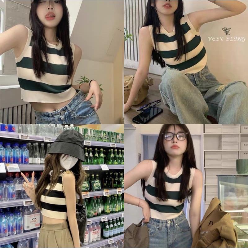 Áo len croptop Mongtoghi ba lỗ, Áo 3 lỗ kẻ ngang sát nách hottrend Junnie Closet