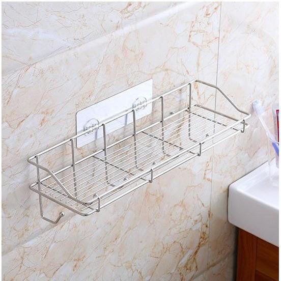 Kệ Inox Hình Chữ Nhật Dán Tường Kèm Giá Treo Khăn Và 6 Móc Treo Đồ Thông Minh