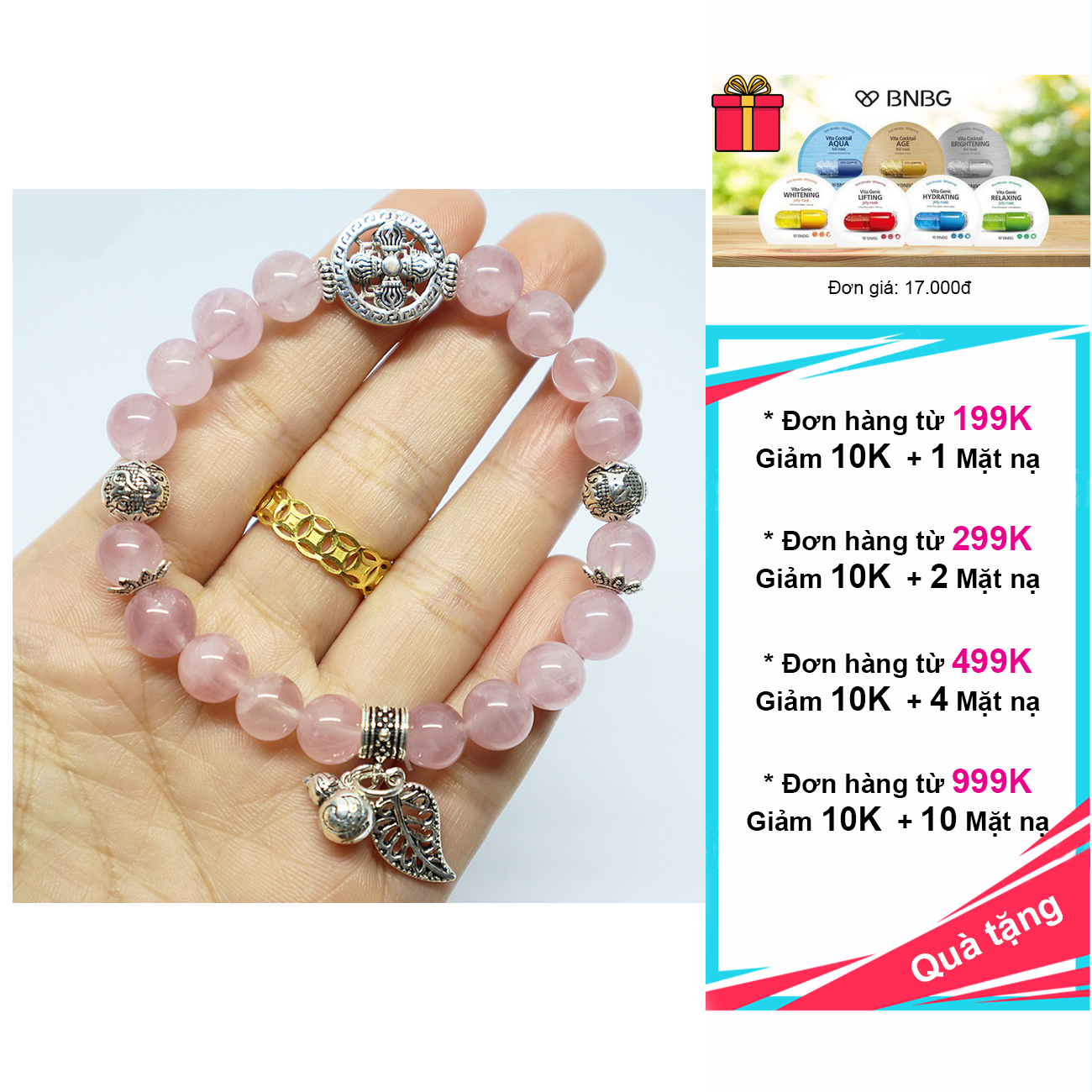 Vòng đá thạch anh hồng 8mm 4A charm bạc 925 cao cấp
