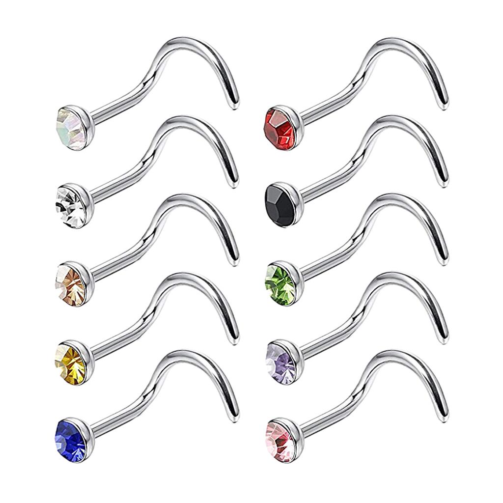 10pcs Nose Studs Rings Rhinestone Stainless Steel Body Piercing Rings