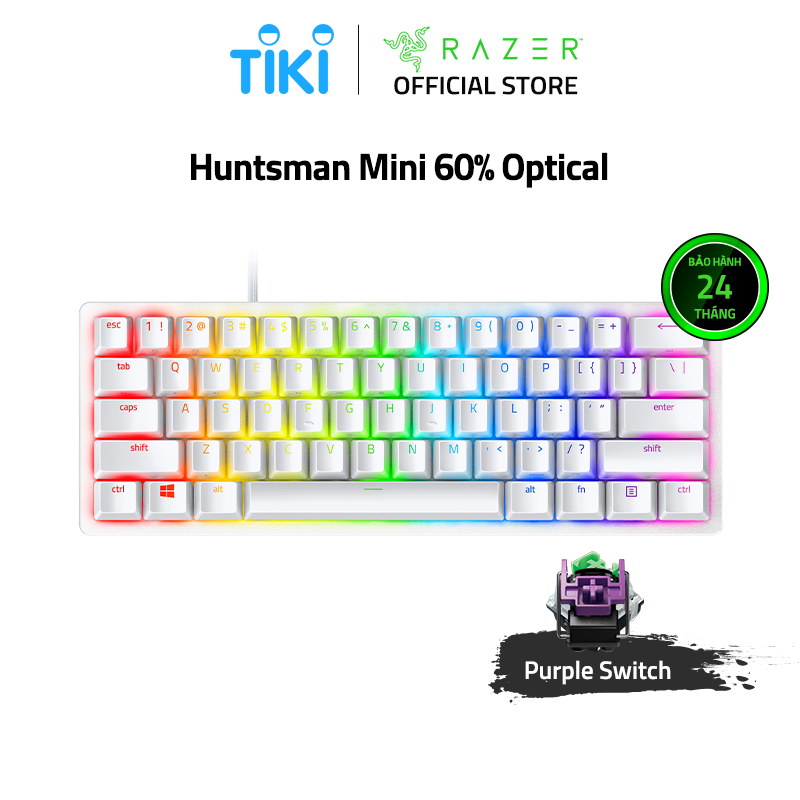 Bàn phím Razer Huntsman Mini-Trắng(Mercury)-60% Optical-Clicky Purple Switch_RZ03-03390300-R3M1- Hàng chính hãng