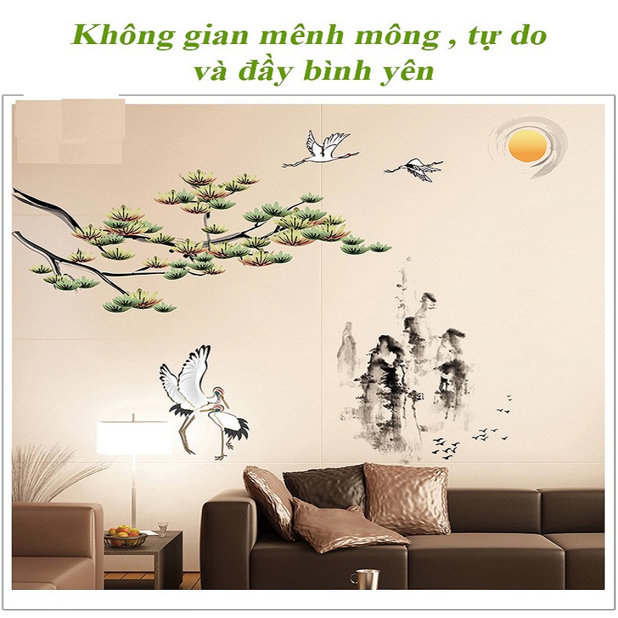 Decal dán tường trang trí phong cảnh nên thơ ĐÔI CHIM HẠC - NÚI NON HÙNG VĨ