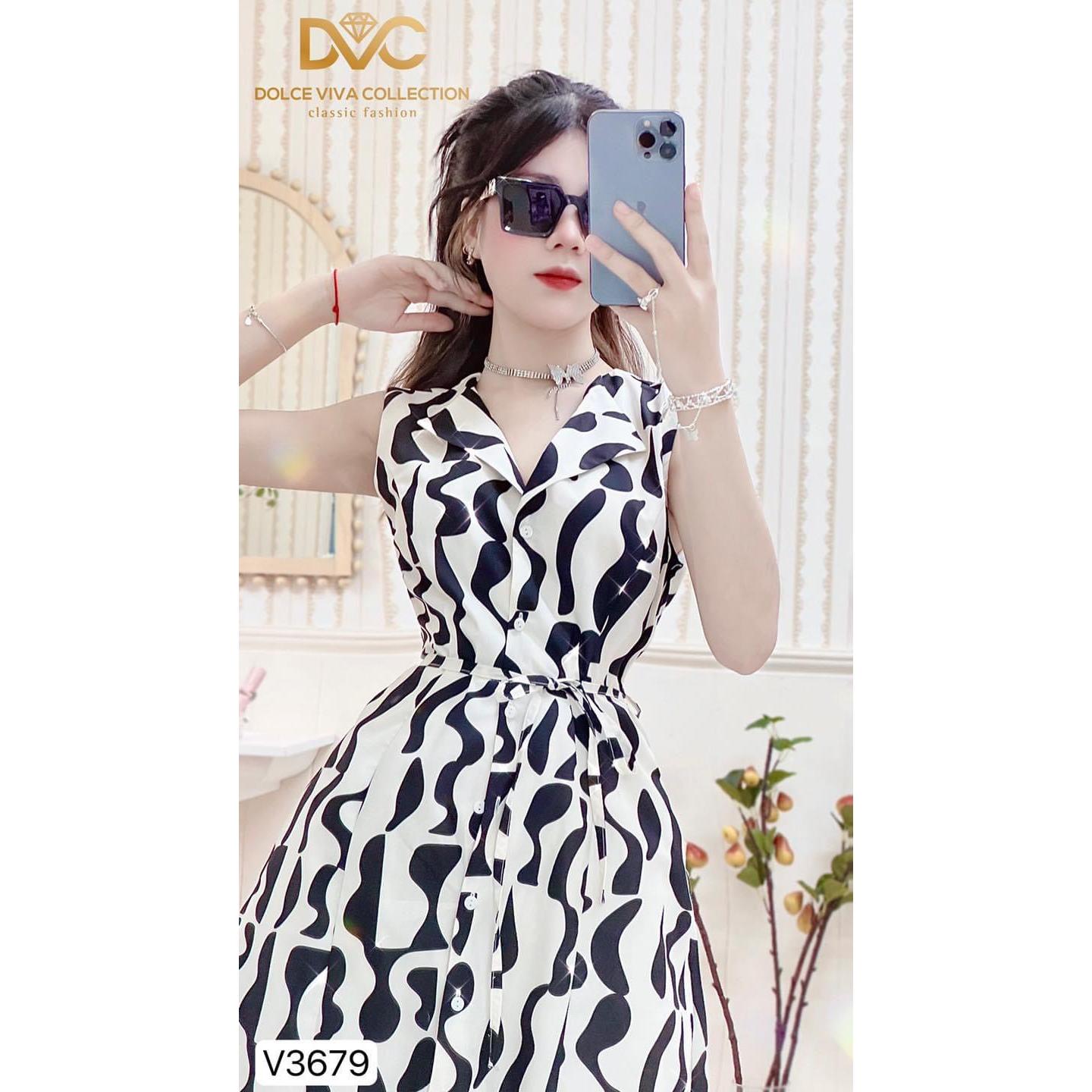 V3679 Váy đen trắng sát nách cổ vest (tặng kèm đai) váy đầm A xoè dài đen trắng sang chảnh