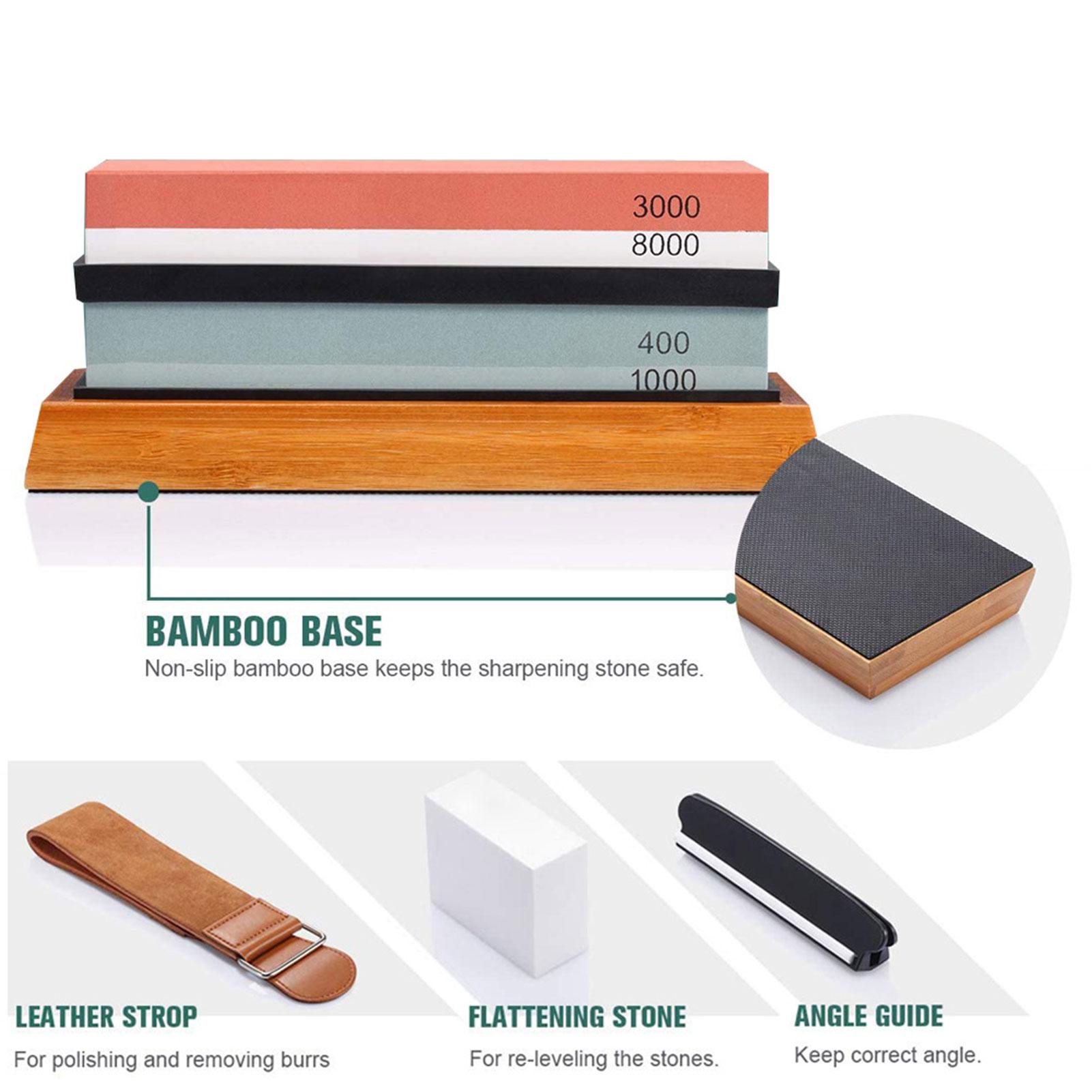 Bộ đá mài 2 mặt 400/1000 3000/80000, gồm giá đỡ bằng silicone, đế tre dây da, đá mài, kẹp góc, bộ dụng cụ chuyên nghiệp cho nhà bếp