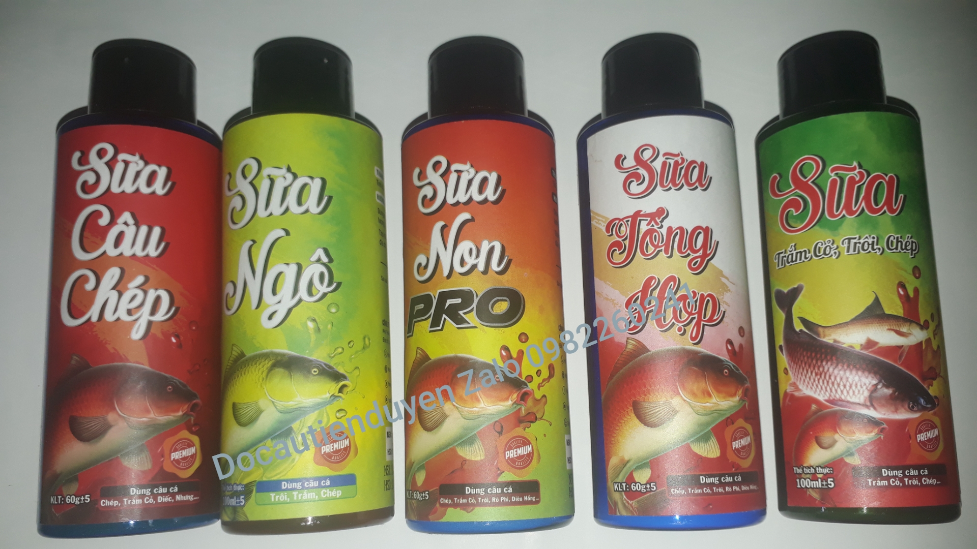 Combo 5 Lọ SỮA CÂU CÁ,Sữa Câu Chép,Sữa Ngô,Sữa Non Pro,Sữa Tổng Hợp và Trắm Trôi Chép,Tinh mùi Dụ Cá Hãng Phú Thành