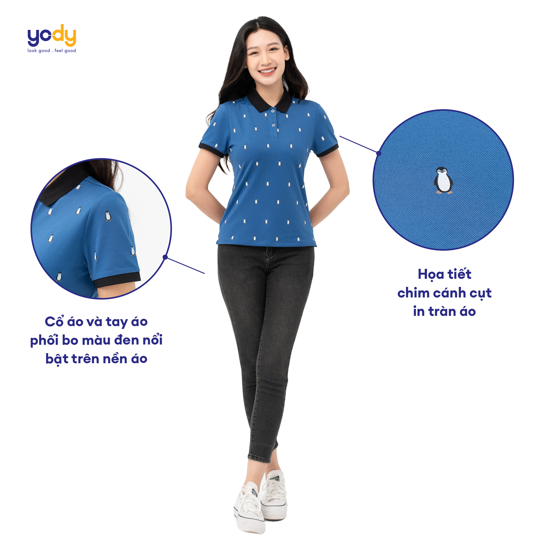 Áo thun polo nữ YODY In chim cánh cụt mềm mịn co dãn năng động APN6176