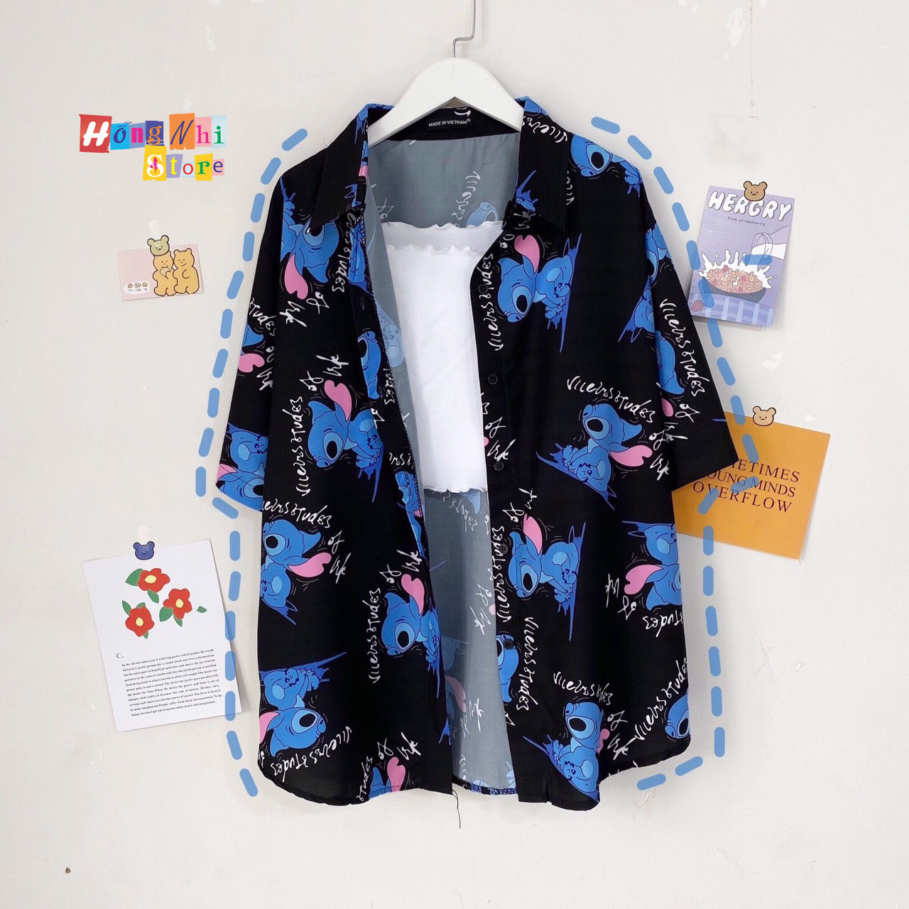 Áo Sơ Mi Hoạ Tiết Tay Lỡ Dáng Rộng, Sơ Mi Con Xanh Tay Lửng Unisex - MM