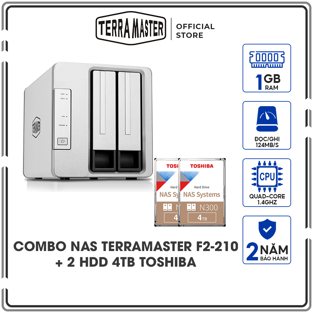 Combo Ổ cứng mạng NAS Terra Master F2-210 + Ổ cứng iHDD Toshiba N300 4TB - Hàng chính hãng