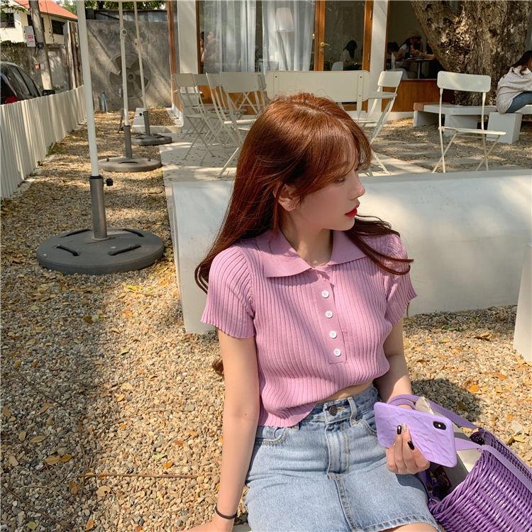 Áo croptop dệt kim tay ngắn cổ polo thời trang Hàn Quốc thanh lịch