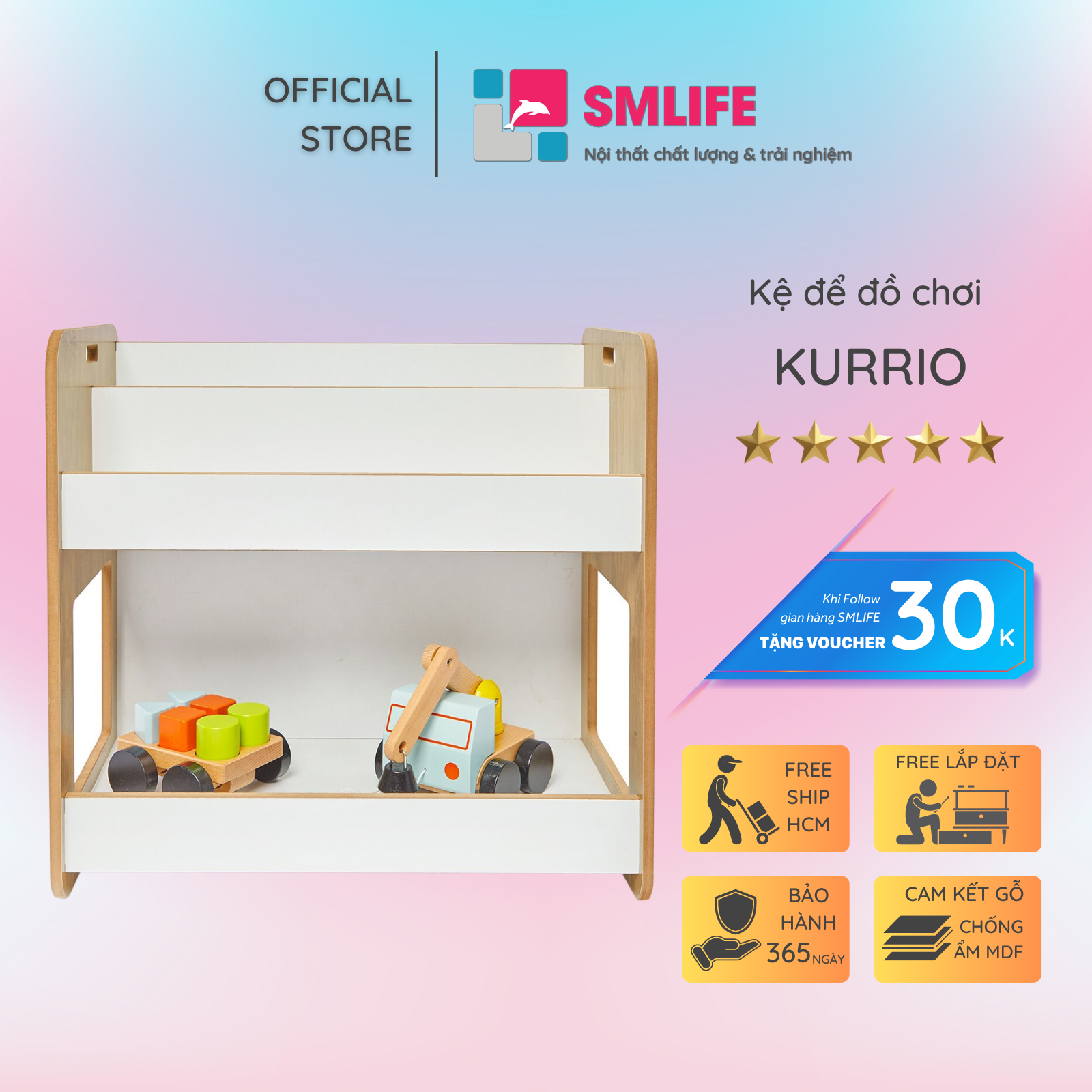 Kệ để đồ chơi cho bé SMLIFE Kurrio | Gỗ MDF dày 17mm chống ẩm | D60xR30xC55cm