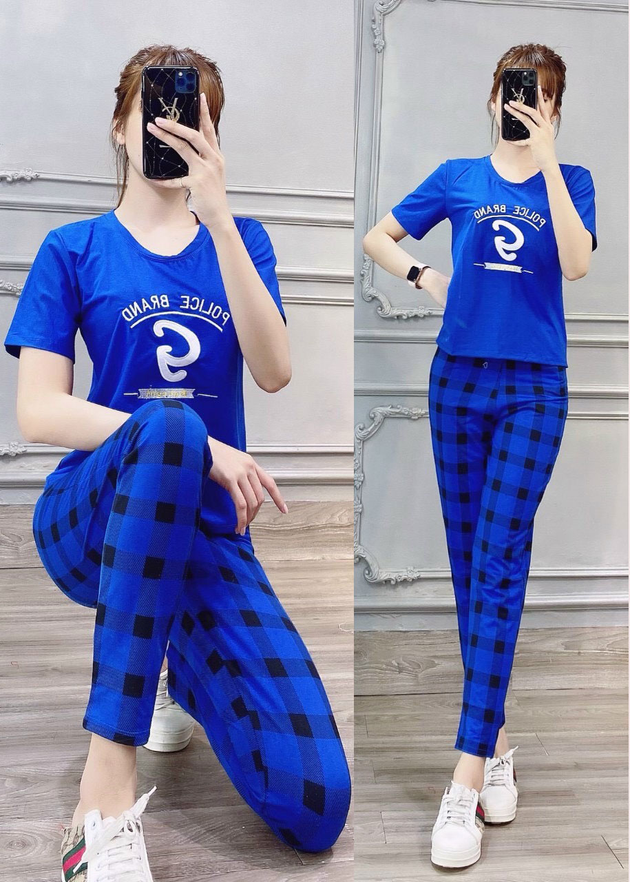 Đồ bộ nữ quần dài caro áo thiêu chữ chất liệu cotton 1841