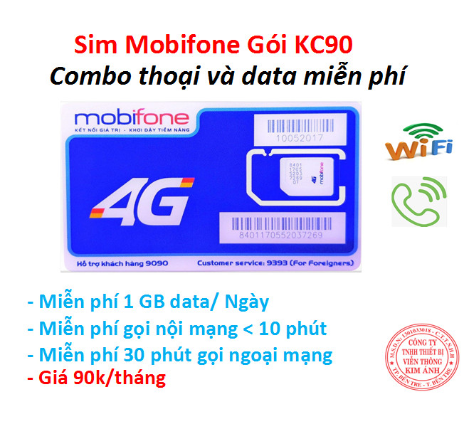 Sim nghe gọi dùng mãi Mobifone 4G Gói KC90 Miễn phí gọi + 1GB data mỗi ngày, Hàng chính hãng