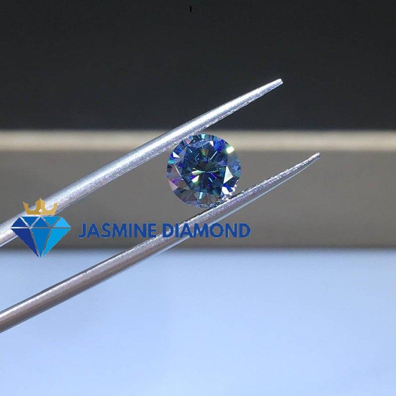 (Size từ 4-7.5 ly) Kim cương nhân tạo Mỹ Moissanite giác cắt tròn màu xanh dương