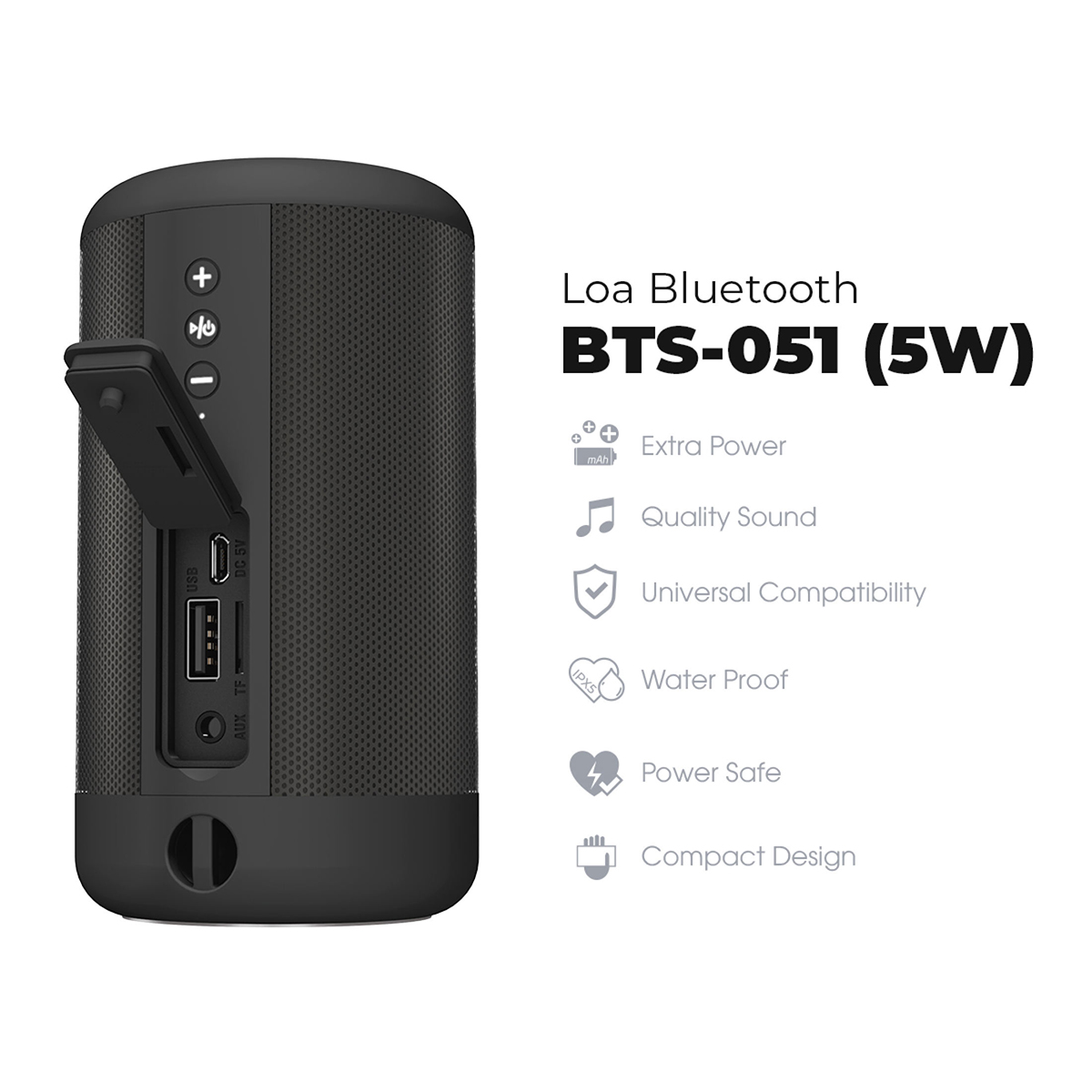 Loa Bluetooth kèm pin sạc dự phòng Energizer BTS-051, dung lượng 2,000mAh, chống nước theo tiêu chuẩn IPX5, hỗ trợ thẻ micro SD, AUX - Hàng chính hãng