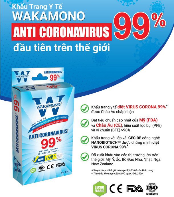 [ Siêu hot ] Hộp 10 cái Khẩu trang WAKAMONO diệt 99% Vius Corona đầu tiên trên thế giới đạt tiêu chuẩn Mỹ (FDA) &amp; Châu Âu (CE)