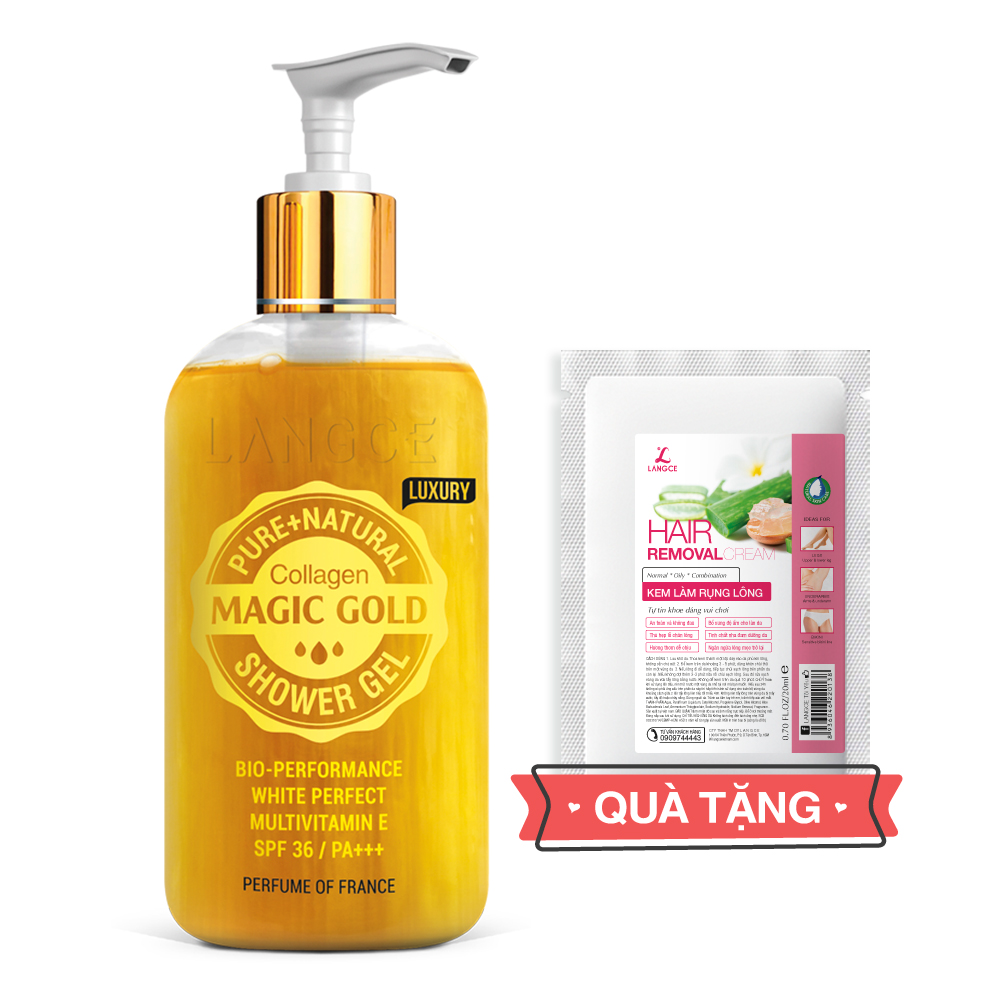 Sữa Tắm Gel 24k Sáng Da Dưỡng Ẩm Mềm Mịn Hương Nước Hoa 250ml TẶNG Kem Làm Rụng Lông Trắng Da 20ml LANGCE