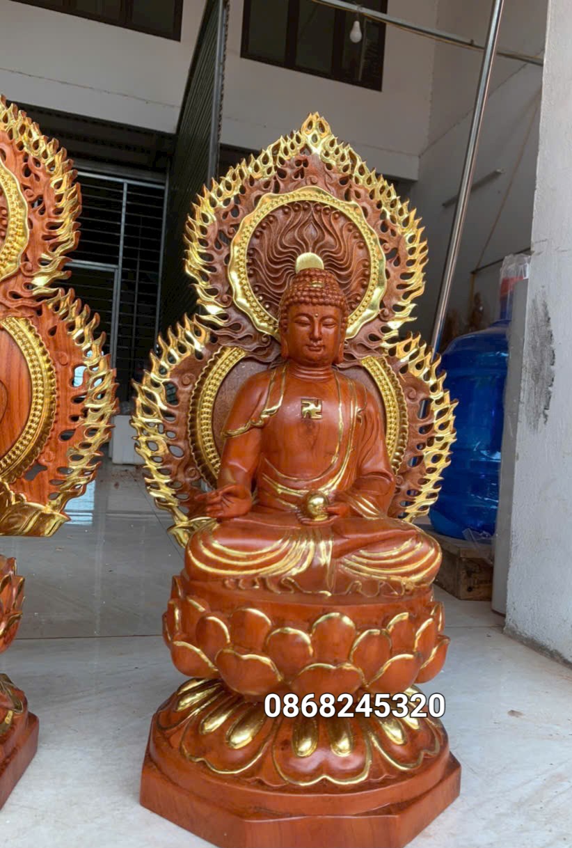 Bộ tượng thất phật được sư bằng gỗ hương đá kt cao 40×20cm +lá chắn hào quang cao tổng 54cm