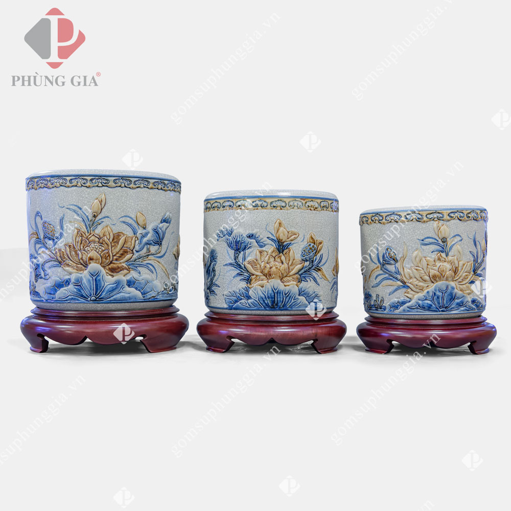 Bát hương họa tiết SEN men Rạn Đắp Nổi