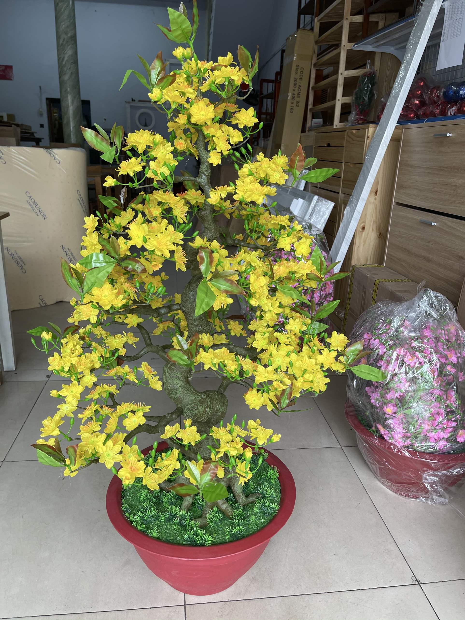 Cây Hoa Mai Bonsai Giả Cao 1m25 Chậu Hoa Mai Trang Trí Tết