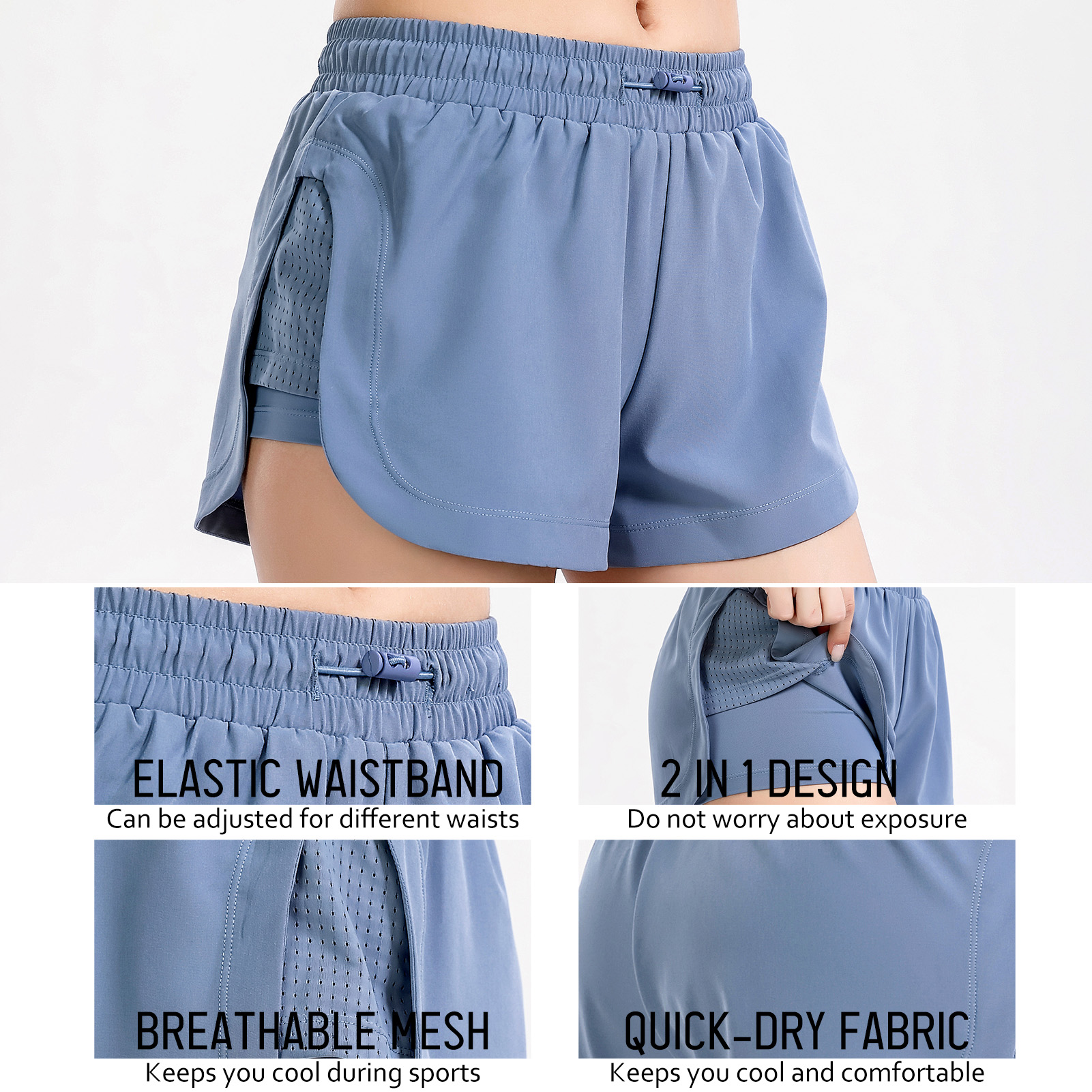 Quần short thể thao 2 lớp cho nữ chất liệu chinlon và vải thun, nhẹ và thoải mái, eo dây rút