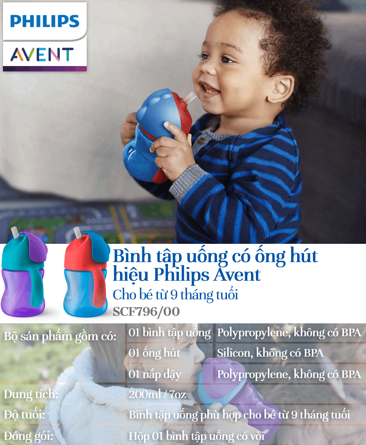 Bình tập uống bằng nhựa có ống hút Philips Avent (200ml/7oz) cho bé từ 9 tháng tuổi 796/00