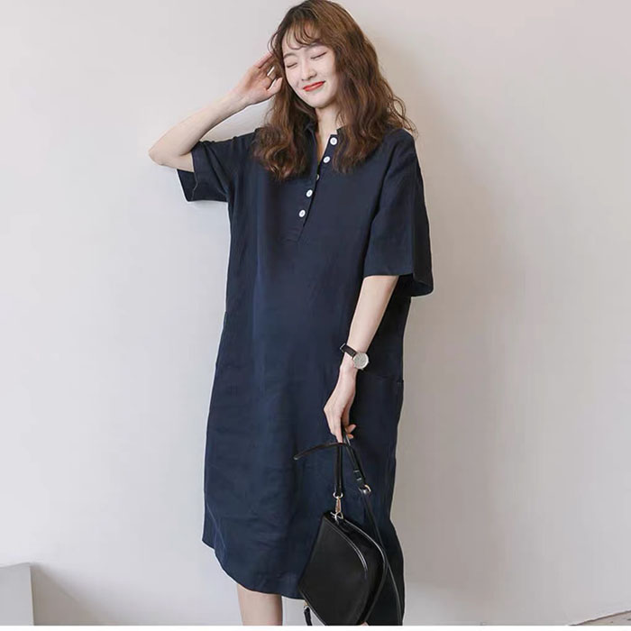 Đầm suông linen cổ đức form rộng 2 túi ốp sườn trẻ trung, thời trang phong cách trẻ - Xanh than
