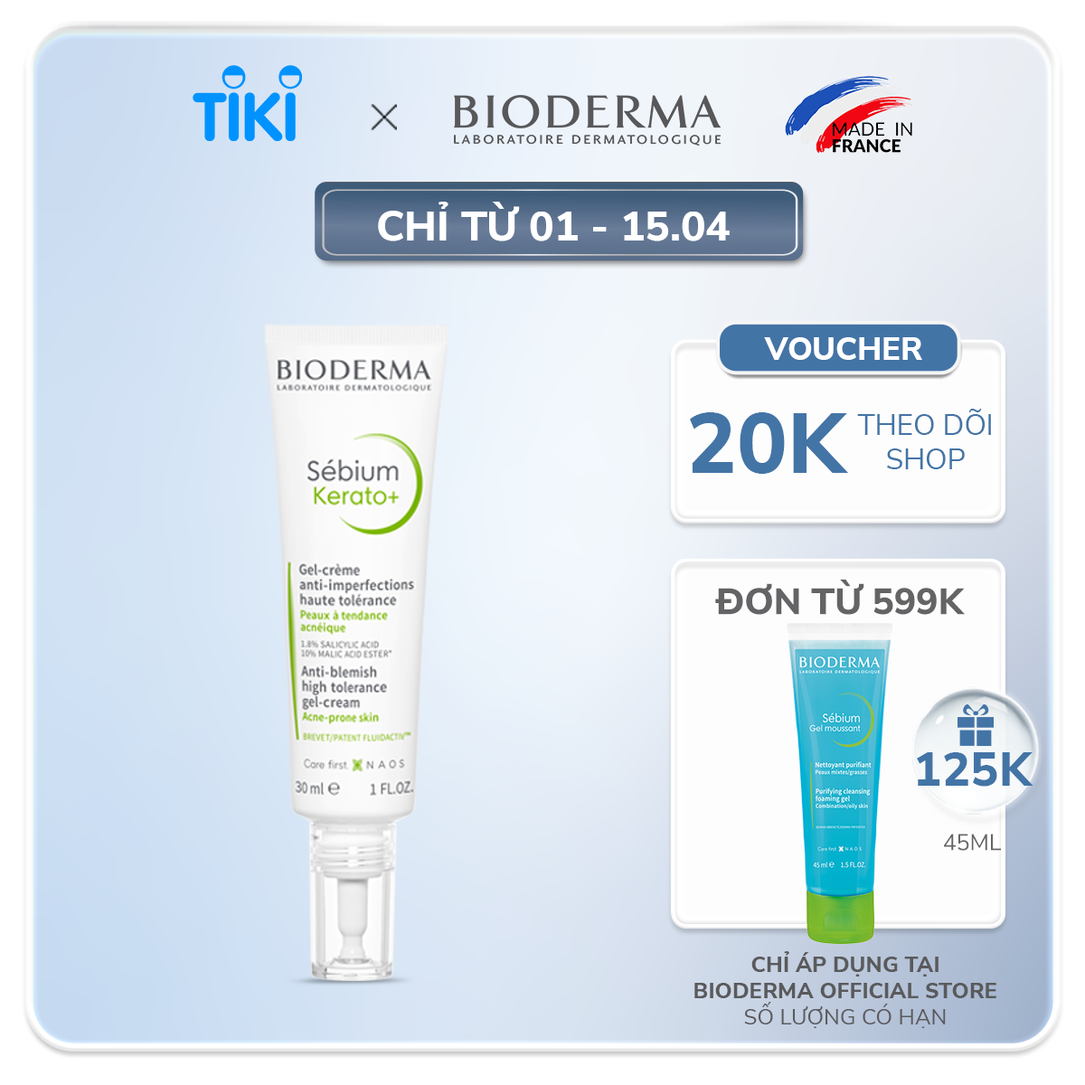 Kem dưỡng hỗ trợ giảm mụn chuyên sâu cho da mụn nhẹ đến trung bình Bioderma Sébium Kerato+ 30ml