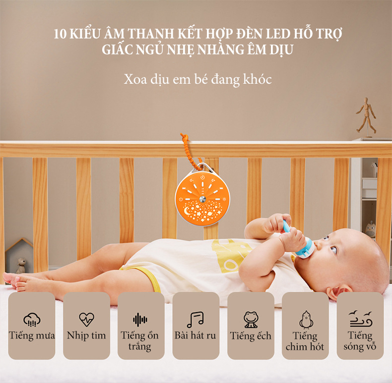 Máy hỗ trợ giấc ngủ cho bé có tiếng ồn trắng với 10 kiểu âm thanh kết hợp đèn led hỗ trợ giấc ngủ, chức năng hẹn giờ 3 mốc thời gian, pin sạc 250mA