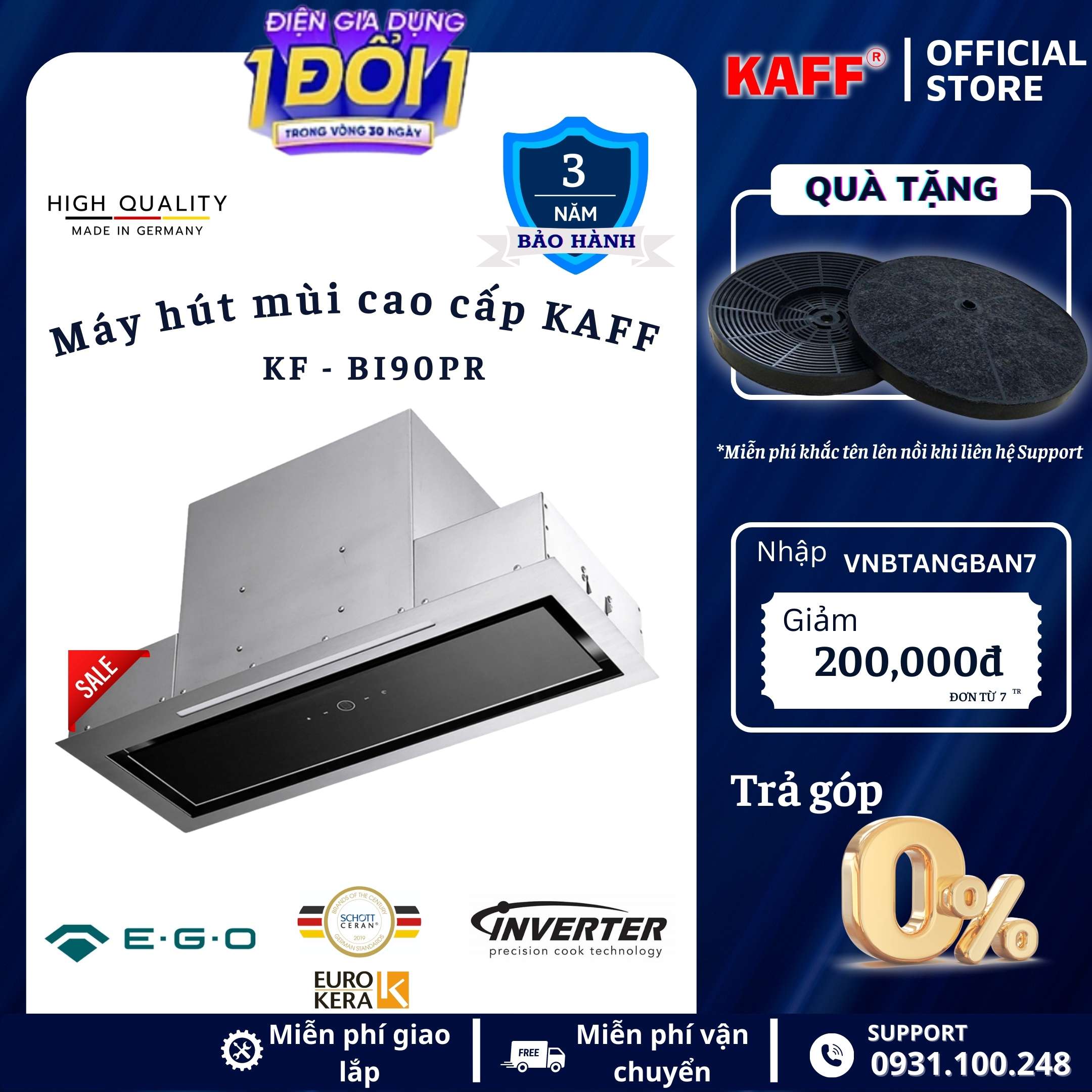 Máy hút mùi âm toàn phần phần mặt kính 900mm cảm ứng KAFF KF-BI90PR Tặng bộ lọc than thay thế - Hàng Chính Hãng