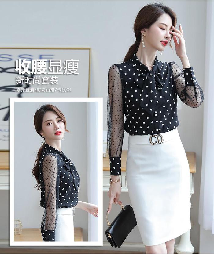 Nữ Áo Nữ Áo Kiểu Áo Bi Cổ Nơ Tay Voan Duyên Dáng - N594