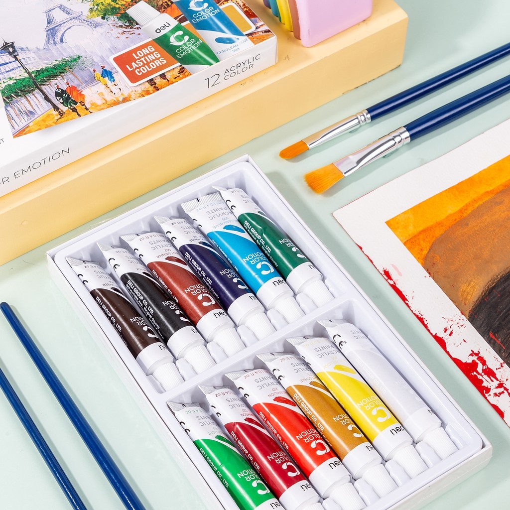 Màu nước Acrylic dạng tuýp 12ml Deli 5/12/24 màu-Tặng kèm pallete pha màu