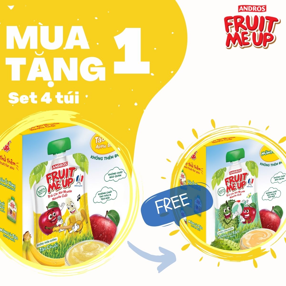 Trái Cây Xay Nhuyễn Nguyên Chất Andros Fruit Me Up  - Táo Chuối - Hộp 4 Túi (90g x 4)