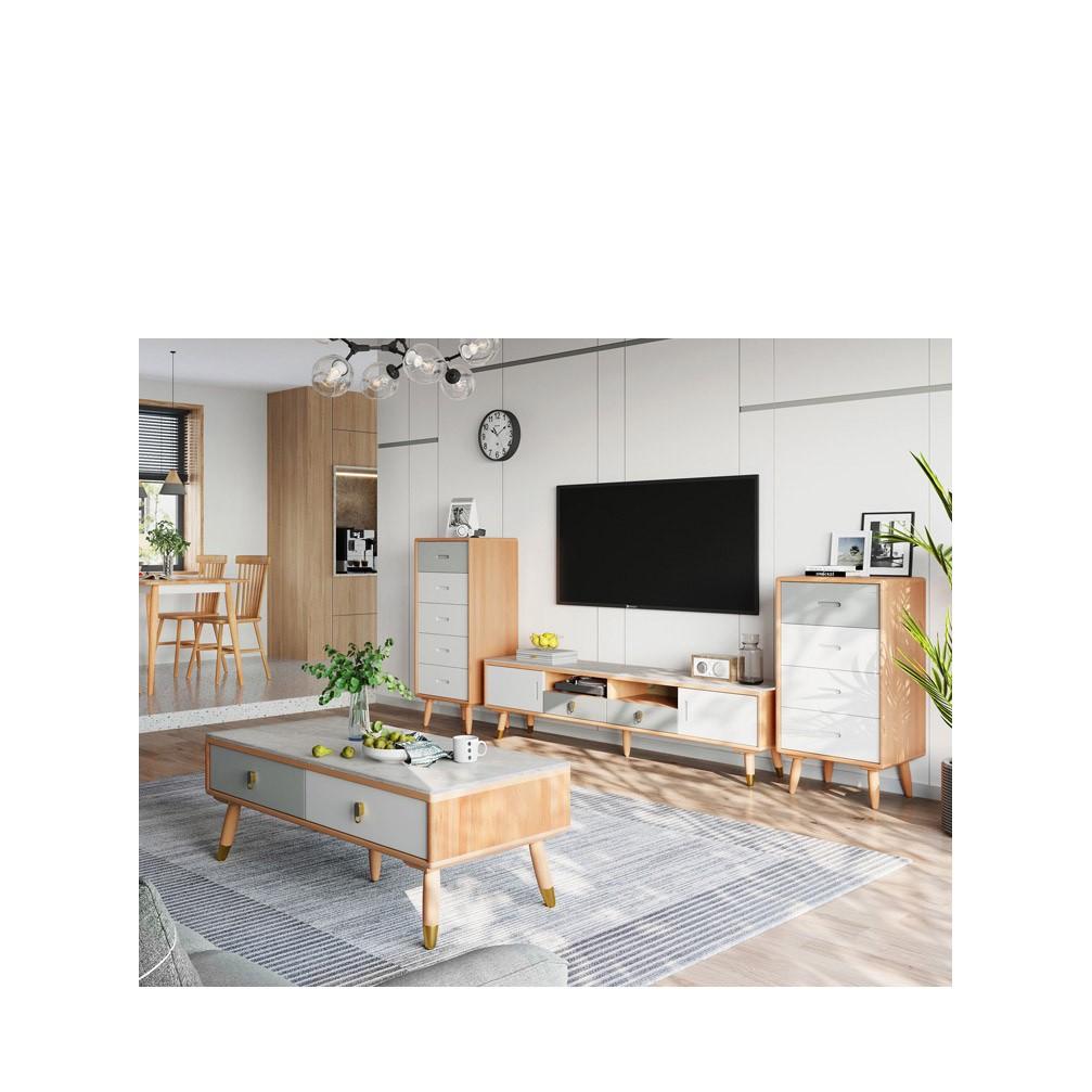 Bộ kệ tivi và Bàn cà phê, bàn sofa vân đá phong cách Bắc Âu phòng khách chung cư nhỏ H155
