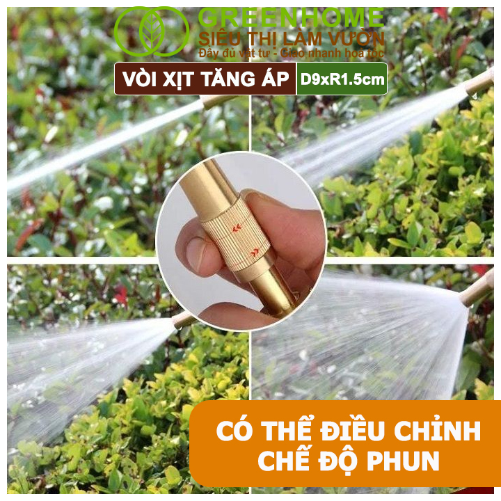 Đầu Vòi Xịt Tăng Áp Greenhome, D9xR1,5cm, Bằng Đồng, Dùng Tưới Cây, Rửa Xe, Rửa Sân Vườn