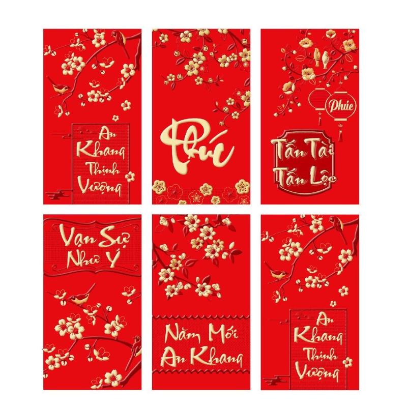 Set 6 phong bao lì xì tết đỏ thắm, chất đẹp, phong cách truyền thống