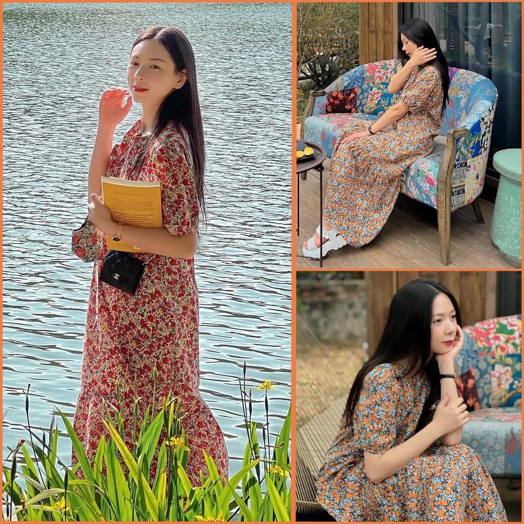 Váy hoa nhí dáng dài đuôi cá – Đầm nữ form suông vintage V-ĐC2