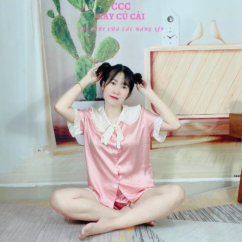 Bộ pijama satin mềm mát, bộ đồ ngủ cộc tay cổ thắt nơ công chúa dễ thương, mát mẻ hàng loại 1 CCC139