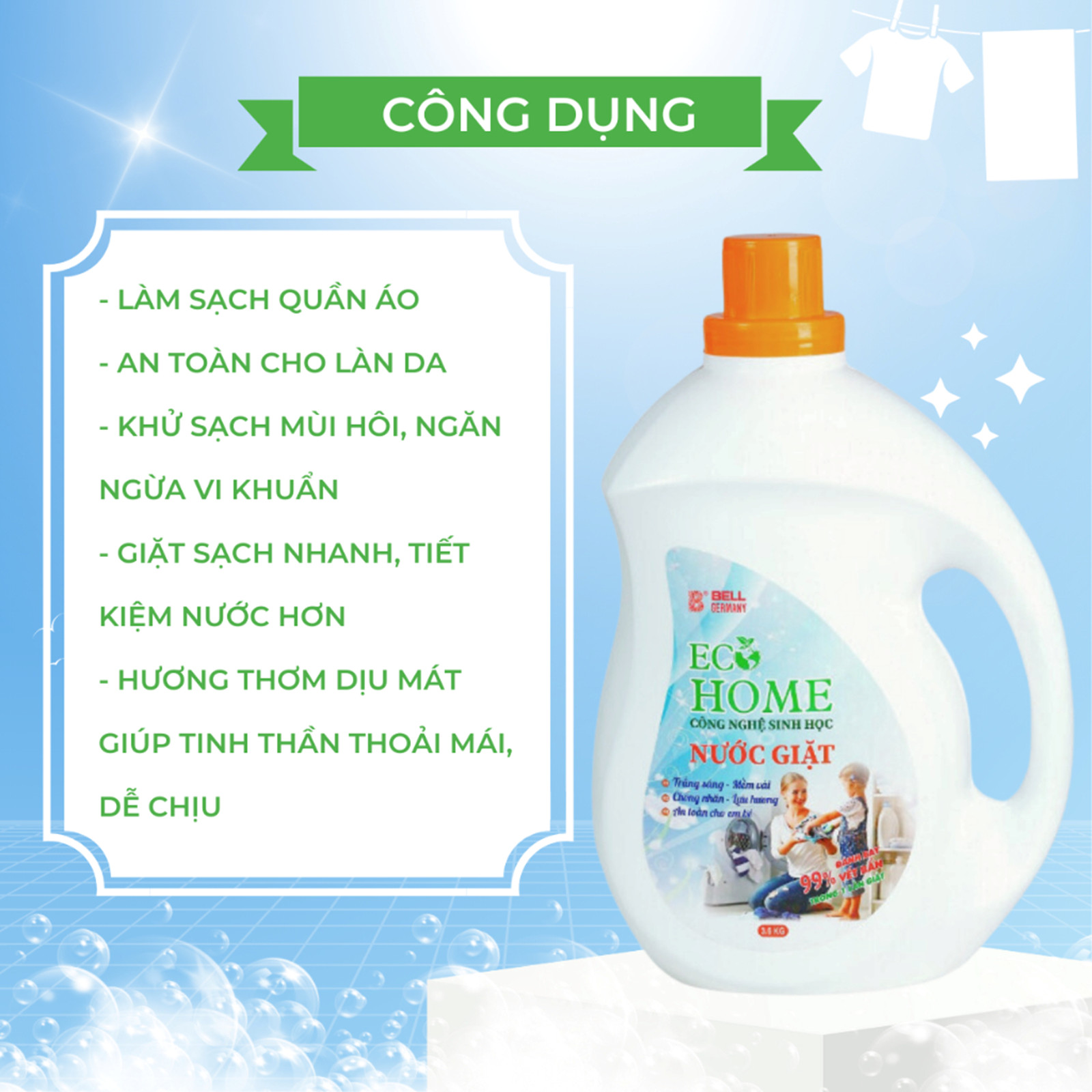 Nước Giặt Quần Áo 2 IN 1 Công Nghệ Sinh Học ECOHOME Kim Ngân Store 3.6KG Làm Sạch, Khử Mùi Hôi, Ngăn Ngừa Vi Khuẩn