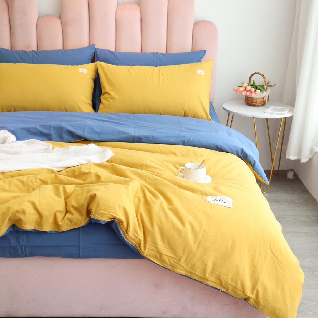 Bộ Chăn Ga Gối Cotton Tici LIDACO - Vàng Ga Xanh Biển