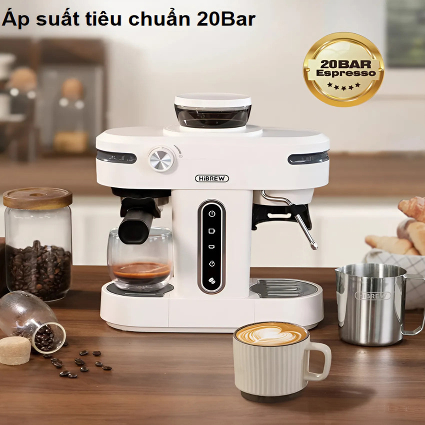 Máy pha cà phê bán tự động 3 trong 1 Espresso, Cappuccino, Latte. Kết hợp máy xay cà phê 15 chế độ. Thương hiệu Mỹ cao cấp HiBREW - H14. HÀNG CHÍNH HÃNG