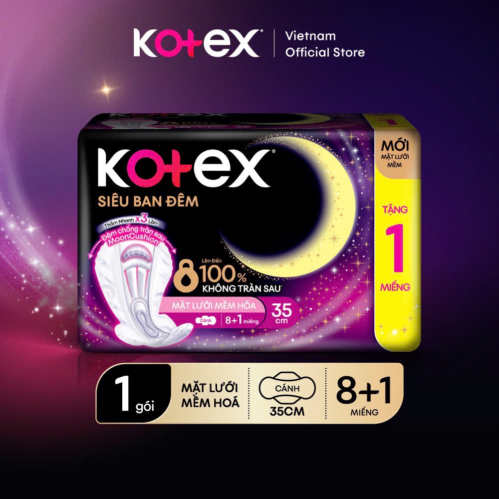 Combo 4 Gói Băng vệ sinh Kotex Siêu Ban Đêm Mới MẶT LƯỚI MỀM HÓA 35cm 8 miếng